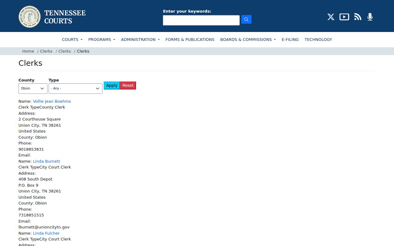 Obion County criminal court case clerk directory