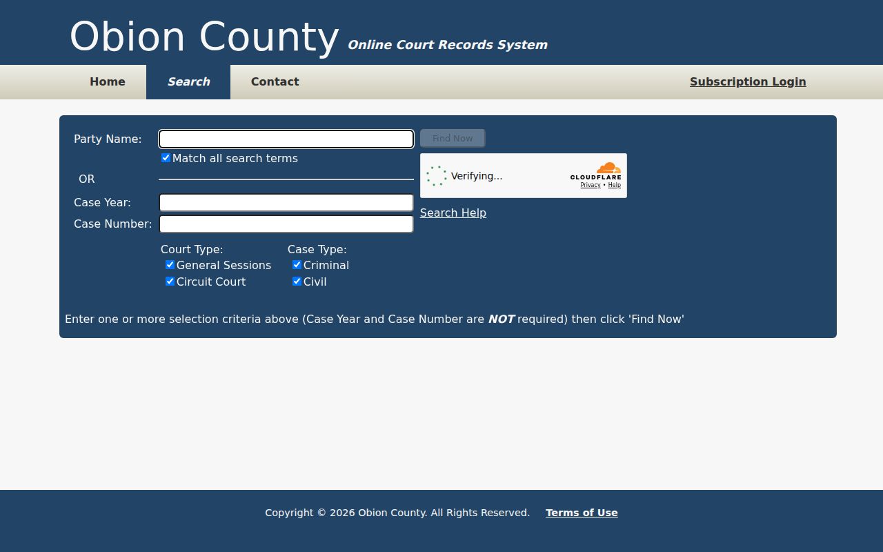 Obion County Circuit and General Sessions online case search form